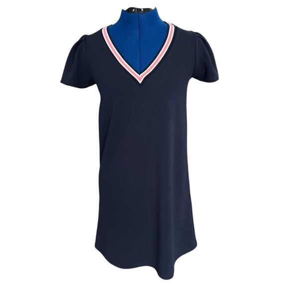 Naf Naf Navy V-Neck A-Line Mini Dress Size S Cap Sleeve Preppy Minimal Stretch - Picture 1 of 7